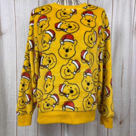 Disney Tops - Disney Pooh Bear Crewneck Christmas Pullover Fleece Sweatshirt Yellow Sz Large